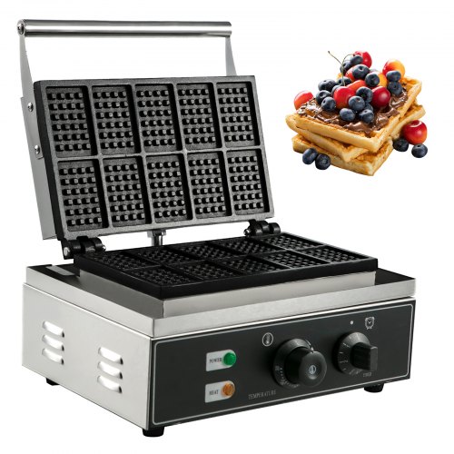 VEVOR Commercial Rectangle Waffle Maker 10pcs Nonstick Electric Waffle Maker Machine Stainless Steel 110V Temperature and Time Control Heart Waffle Maker Suitable for Restaurant Snack Bar