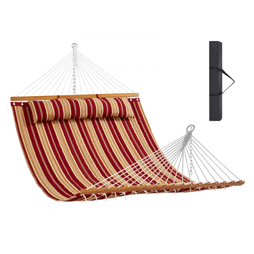 VEVOR quilted hammock with red and yellow stripes, wooden spreader bars, and an attached pillow.