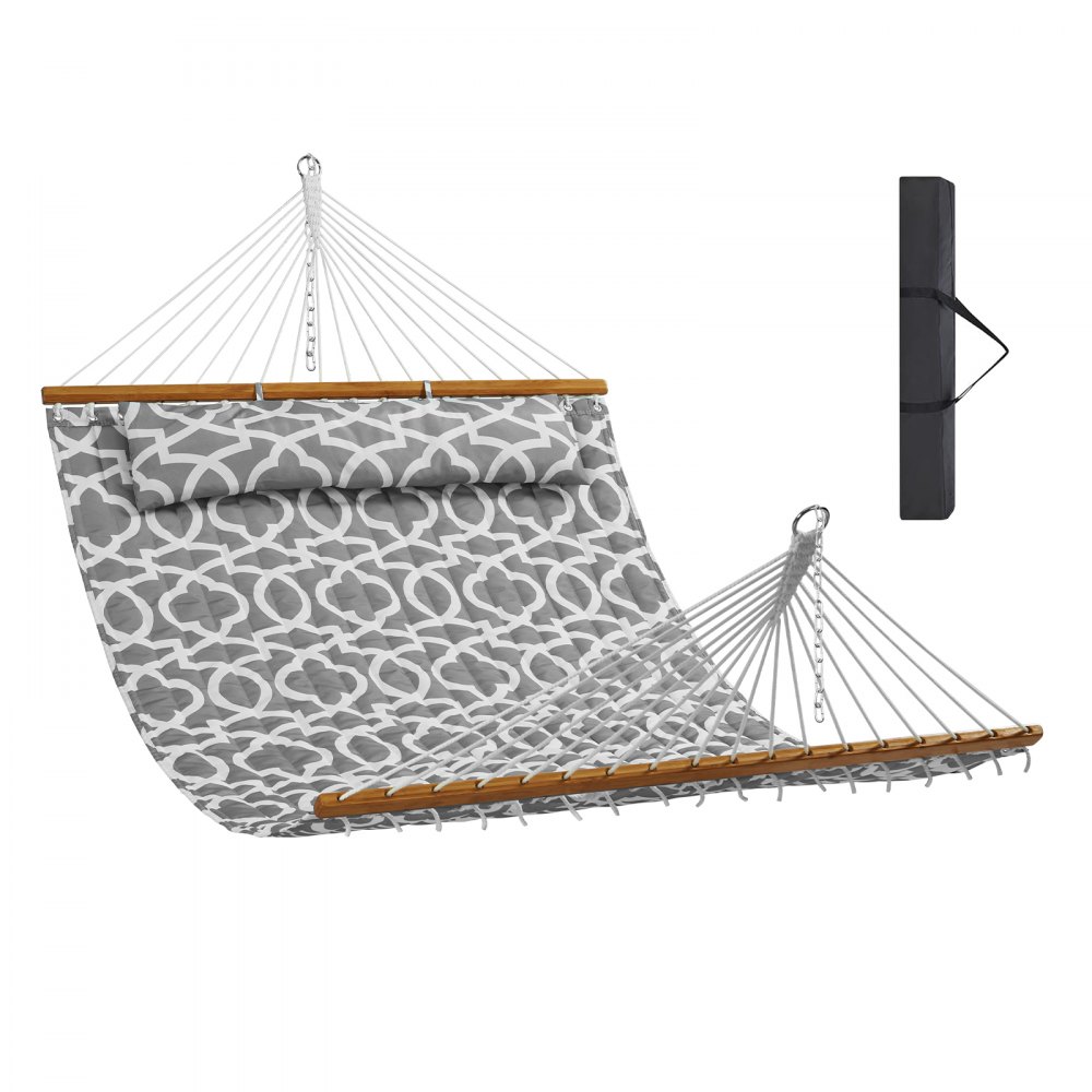 gray VEVOR double quilted hammock with white geometric pattern and wooden spreader bars.