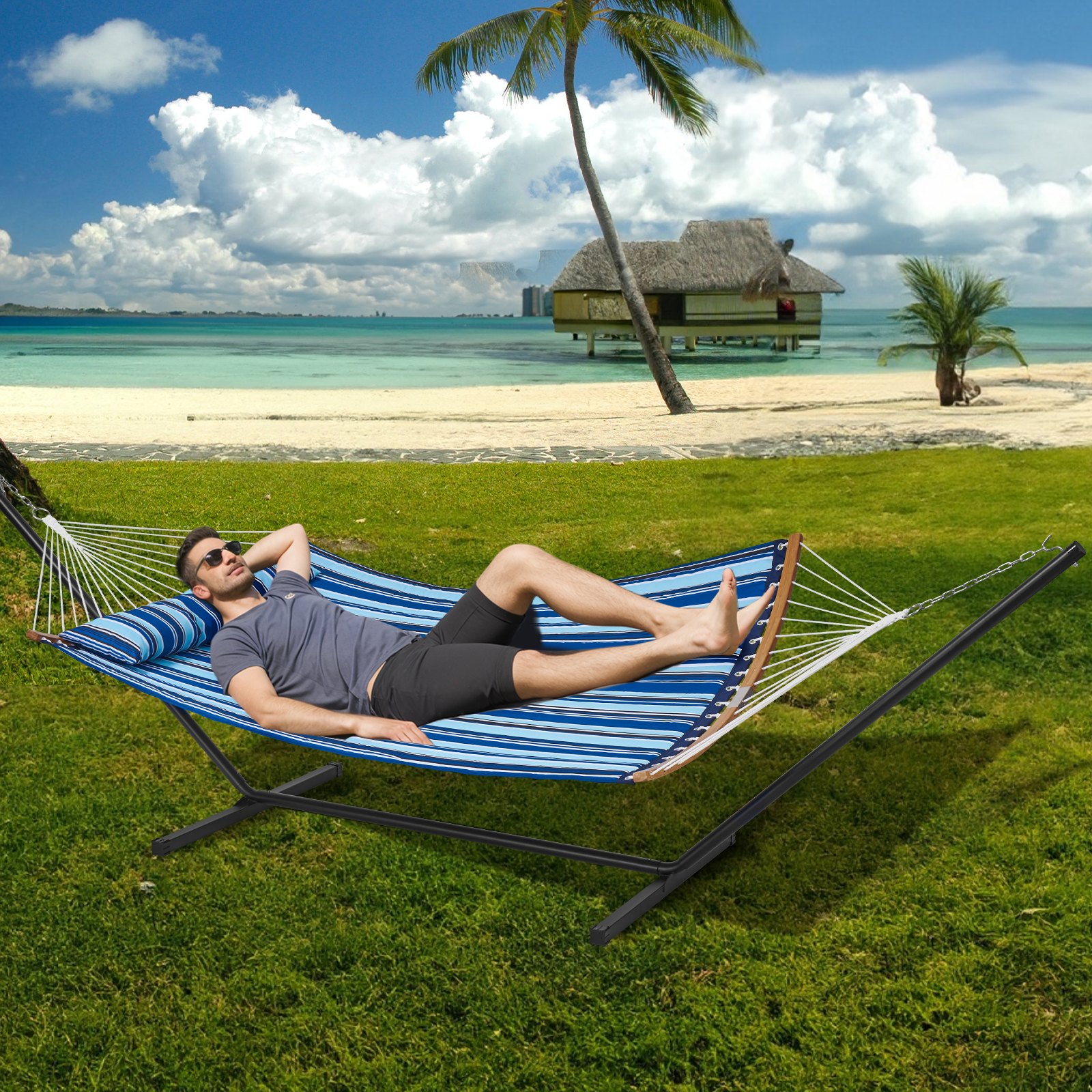 VEVOR Double Quilted Fabric Hammock Two Person Hammock with Stand 480lb Capacity