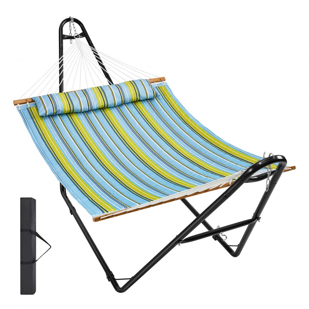 VEVOR double hammock with stand in blue and green stripes, includes carrying bags.