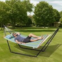 VEVOR Two Person Hammock with Stand Included Heavy Duty 217.7kg Capacity, Double Hammock with Portable Steel Stand and Carrying Bag and Pillow, Freestanding Hammock for Outdoor Patio Yard Beach