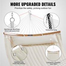 VEVOR Double Quilted Fabric Hammock, 12 FT Double Hammock with Curved Spreader Bars, 2 Person Quilted Hammock with Detachable Pillow and Chains for Camping Outdoor Patio Yard Beach, 480 lbs Capacity