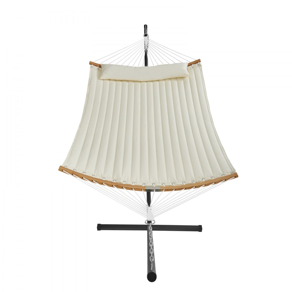 VEVOR double quilted hammock with white padding, wooden spreader bars, and sturdy metal stand.