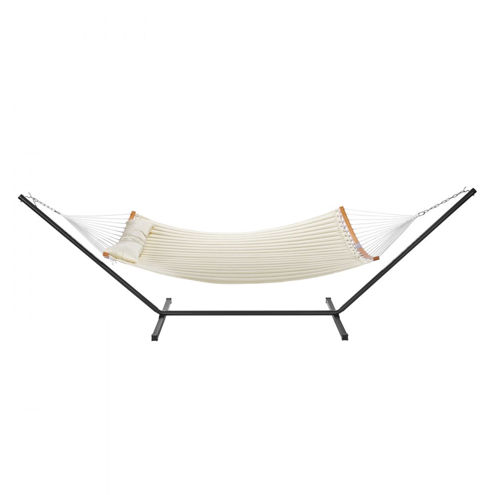 VEVOR double quilted hammock with stand, cream color, padded pillow, and sturdy steel frame.