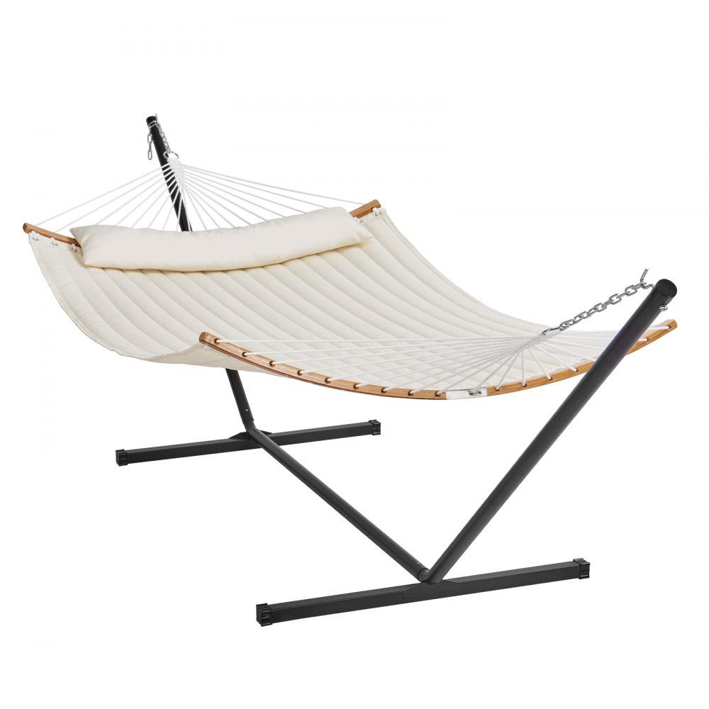 VEVOR double quilted hammock with stand, beige fabric, wooden spreader bars, and pillow for outdoor relaxing.