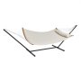 VEVOR double quilted hammock with stand, cream fabric, wooden bars, and a matching pillow.