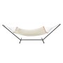 VEVOR double quilted hammock with stand, cream color, padded pillow, and sturdy steel frame.