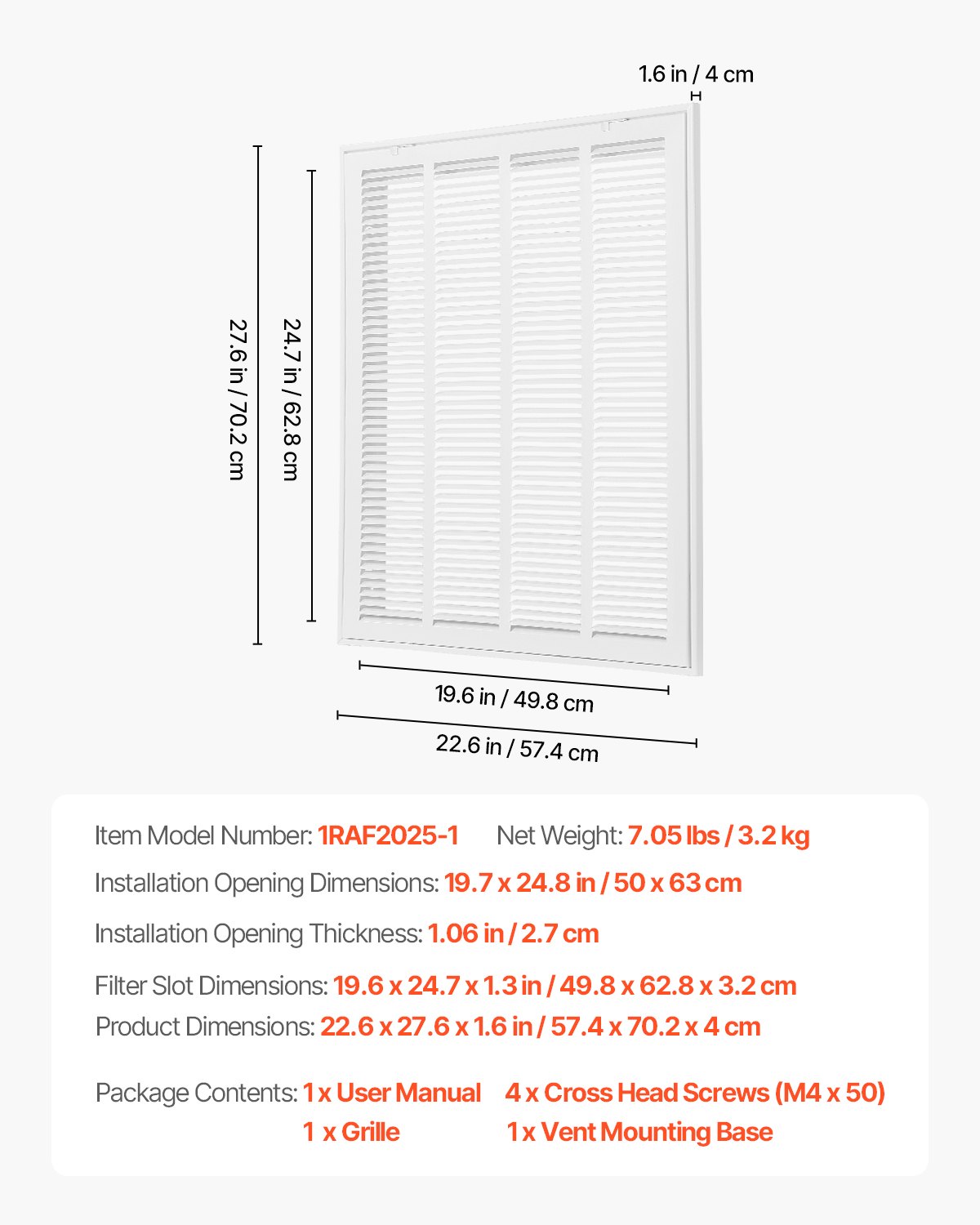 VEVOR Return Air Filter Grille, Fits W50 x H63 cm Duct Opening, Filter Not Included, Return Air Vent Cover for Wall, Powder-Coated Steel Return Air Grill Detachable Face/Door for 1 inch Filters