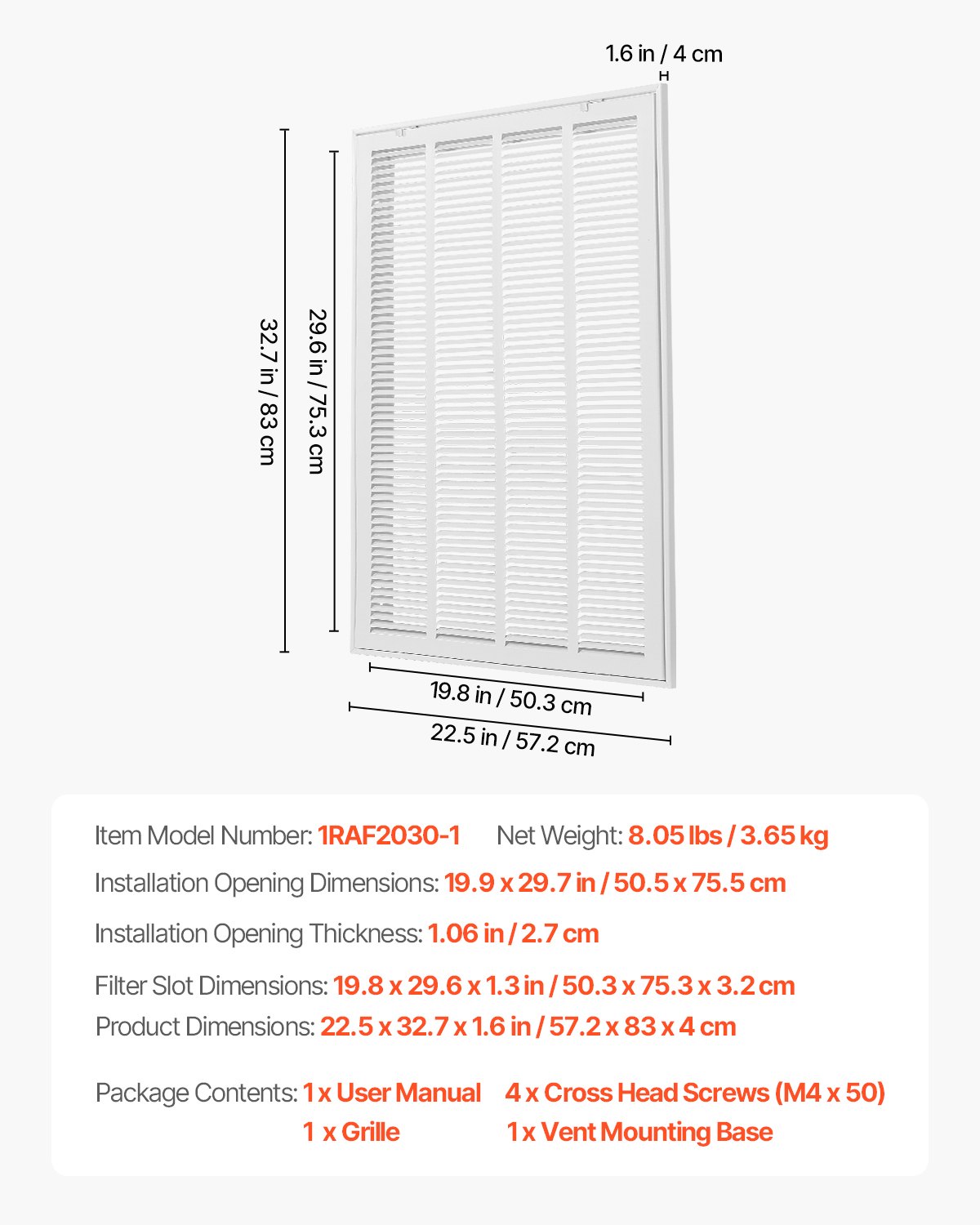 VEVOR Return Air Filter Grille, Fits W20 x H30 Inch Duct Opening, Filter Not Included, Return Air Vent Cover for Wall, Powder-Coated Steel Return Air Grill Detachable Face/Door for 1 inch Filters