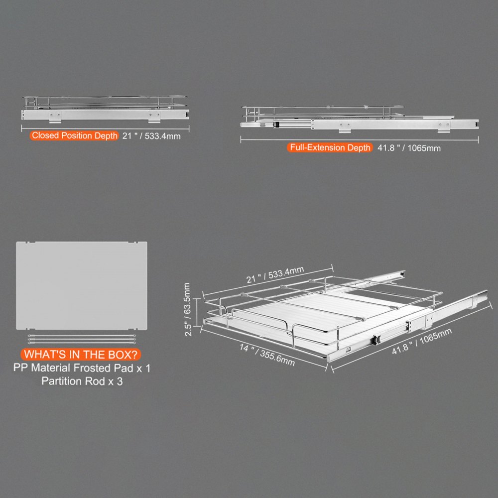 VEVOR Organizator de dulap extensibil 35,5 cm lățime x 53,3 cm adâncime x 6,3 cm înălțime, rafturi glisante rezistente pentru cămară, sertare extensibile din oțel, depozitare sertare glisante pentru acasă sub chiuvetă, dimensiuni de instalare 42,2 cm lățime x 55,8 cm adâncime x 18,3 cm înălțime pentru dulap