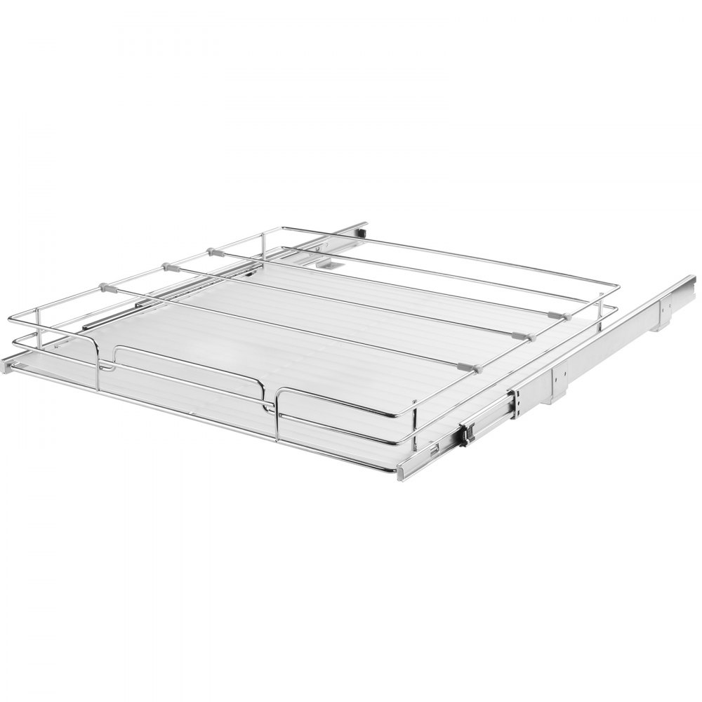 VEVOR pull out cabinet organizer, chrome wire frame with slide-out tray for kitchen storage solutions.