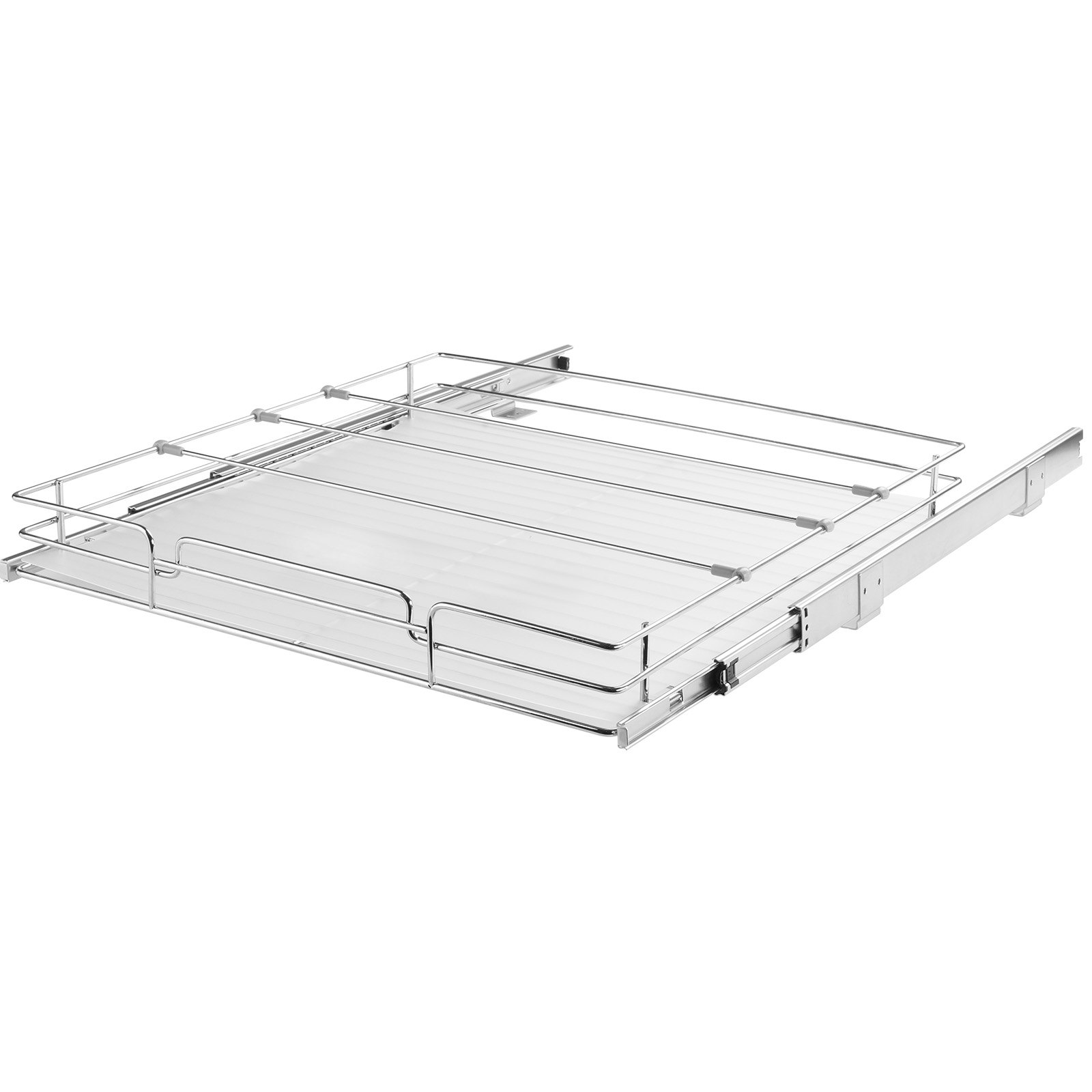 VEVOR pull out cabinet organizer, chrome wire frame with slide-out tray for kitchen storage solutions.