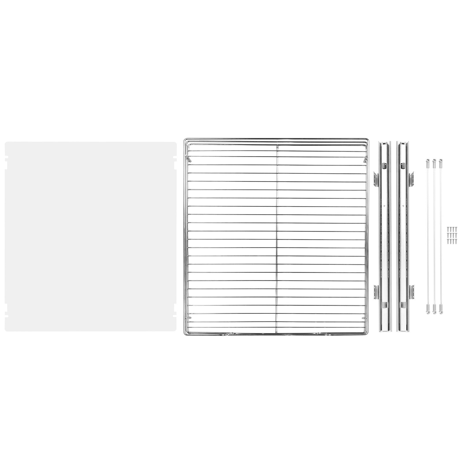 metal components of VEVOR pull out cabinet organizer: wire frame, rails, installation rods, and screws.