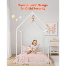 VEVOR Twin Size House Bed Frame Metal Kids Floor Bed Frame with Roof White