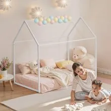 VEVOR Twin Size House Bed Frame Metal Kids Floor Bed Frame with Roof White