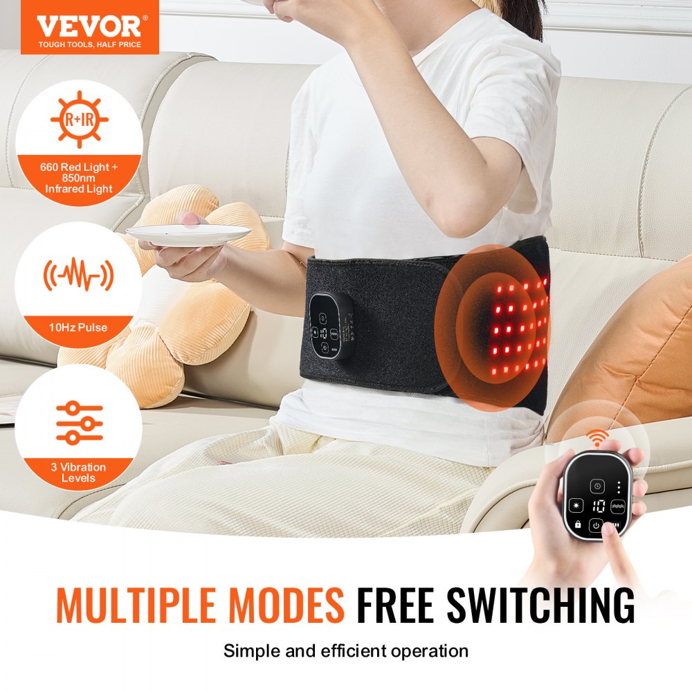 VEVOR Red Light Therapy Belt for Waist Shoulder, 660nm & 850nm Red Light Therapy Wrap Device with Timer, 80 LED, 3-Level Vibration & 10Hz Pulse, Cordless Light Therapy Pad for Pain Relief, Skin Health