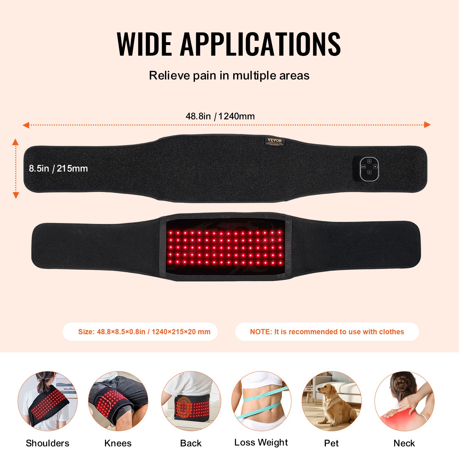 VEVOR Red Light Therapy Belt for Waist Shoulder, 660nm & 850nm Red Light Therapy Wrap Device with Timer, 80 LED, 3-Level Vibration & 10Hz Pulse, Cordless Light Therapy Pad for Pain Relief, Skin Health