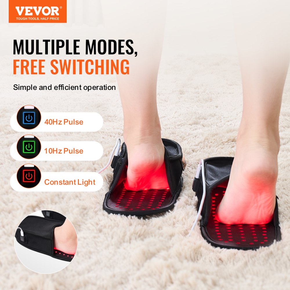 VEVOR Red Light Therapy for Foot, 660 & 850nm Red Light Therapy Slippers with 240 LEDs & 10 Hz/40 Hz Pulse Mode, Double-Sided LED Light Therapy Shoes for Feet Toe Instep Sole Pain Relief, Muscle Relax