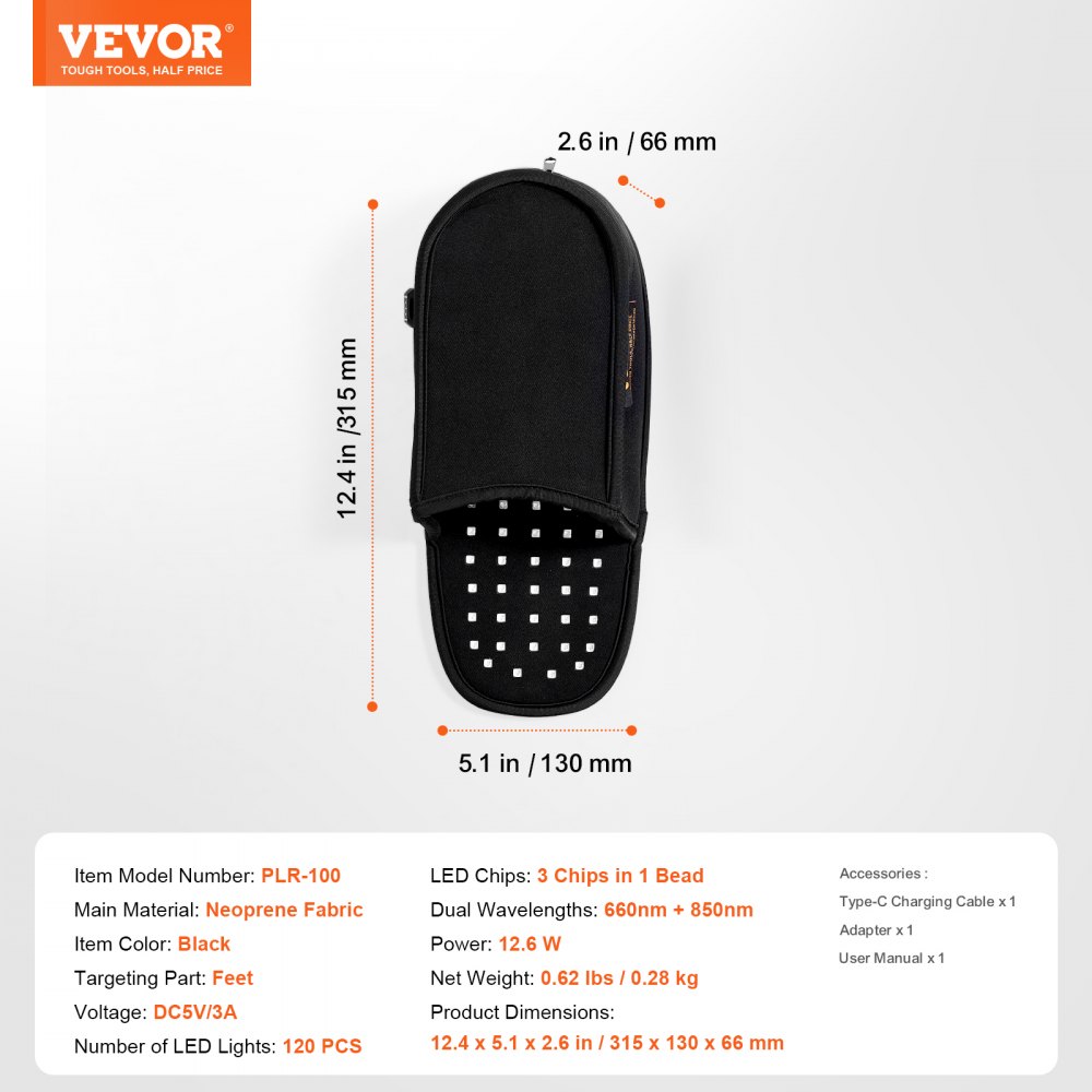 VEVOR Red Light Therapy for Foot, 660nm & 850nm Red Light Therapy Slipper with 120 LEDs & 10 Hz/40 Hz Pulse Mode, Double-Sided LED Light Therapy Shoe for Foot Toe Instep Sole Pain Relief, Muscle Relax