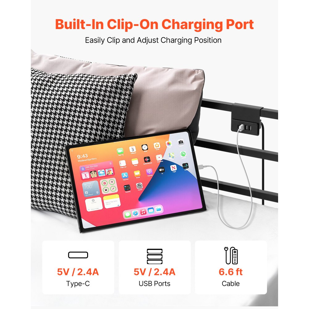 VEVOR King Size Canopy Bed Frame, Metal Canopy Bed with Charging Station and Four Posters Design, Heavy Duty Steel Slats Support, Underbed Storage Space, No Box Spring Needed, Easy Assembly, Black