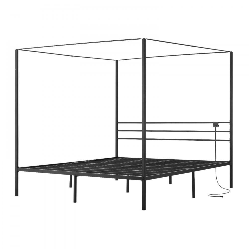 VEVOR King Size Canopy Bed Frame, Metal Canopy Bed with Charging Station and Four Posters Design, Heavy Duty Steel Slats Support, Underbed Storage Space, No Box Spring Needed, Easy Assembly, Black
