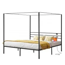 VEVOR King Size Metal Canopy Bed Frame with Charging Station and Four Posters