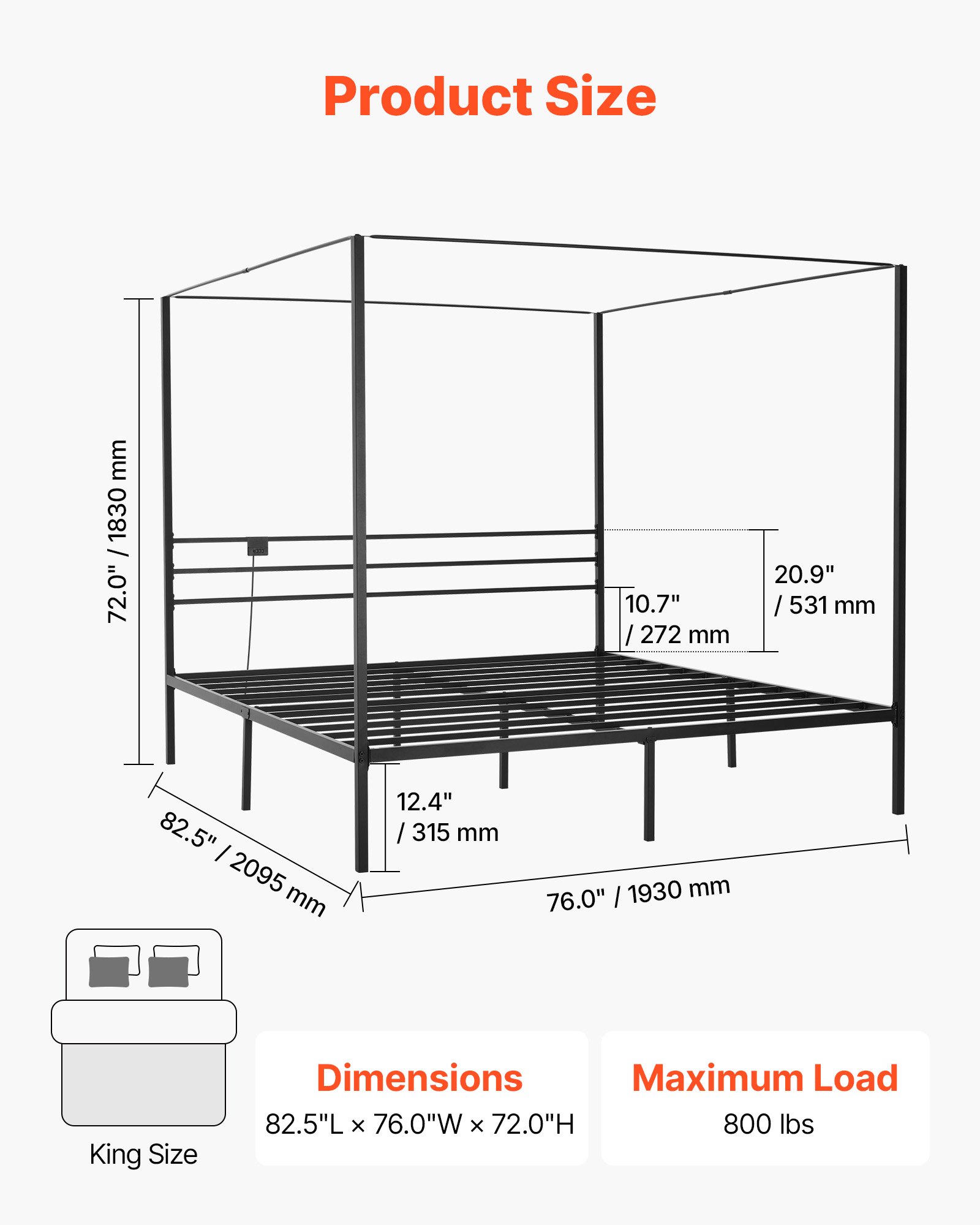 VEVOR King Size Canopy Bed Frame, Metal Canopy Bed with Charging Station and Four Posters Design, Heavy Duty Steel Slats Support, Underbed Storage Space, No Box Spring Needed, Easy Assembly, Black