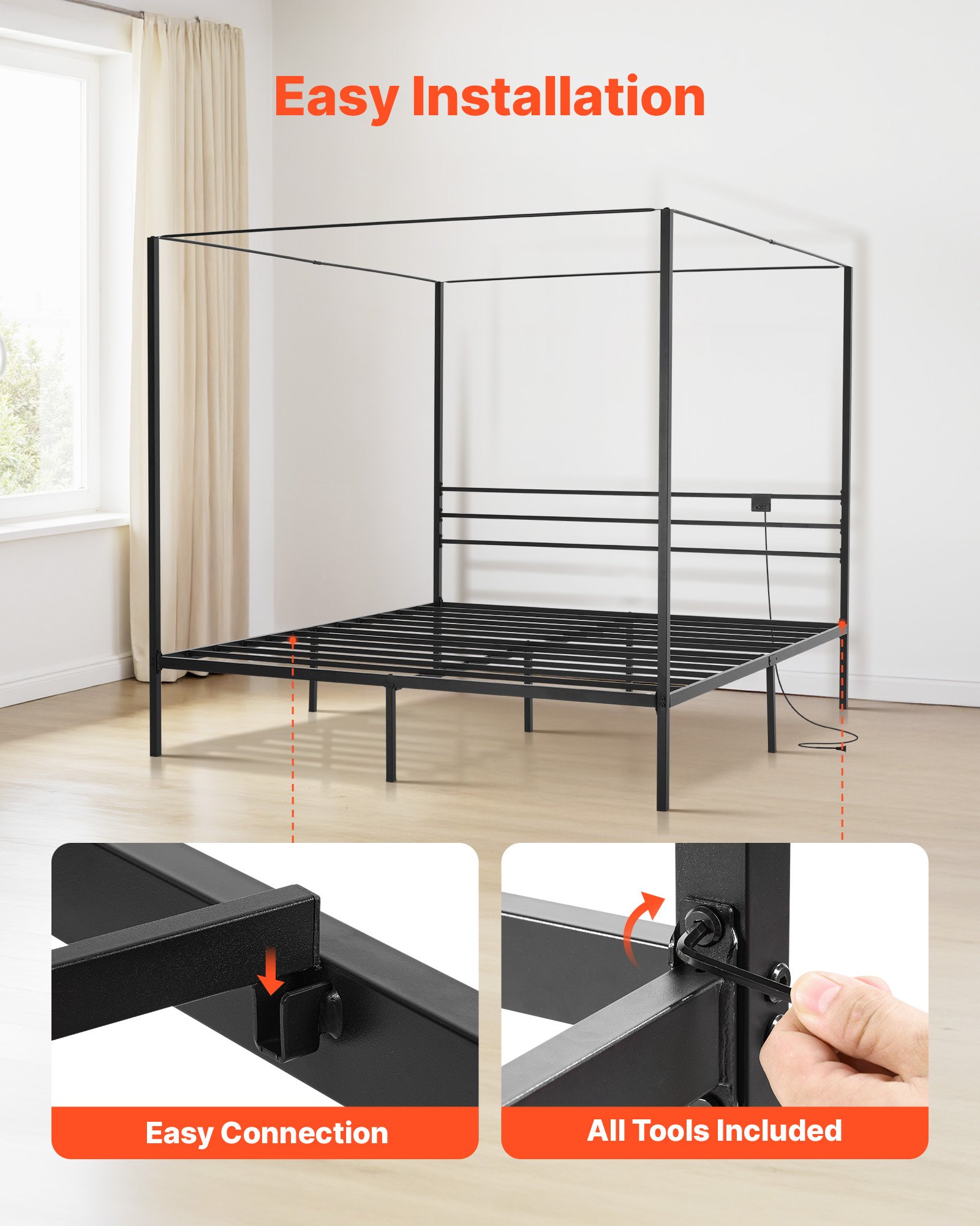 VEVOR King Size Canopy Bed Frame, Metal Canopy Bed with Charging Station and Four Posters Design, Heavy Duty Steel Slats Support, Underbed Storage Space, No Box Spring Needed, Easy Assembly, Black