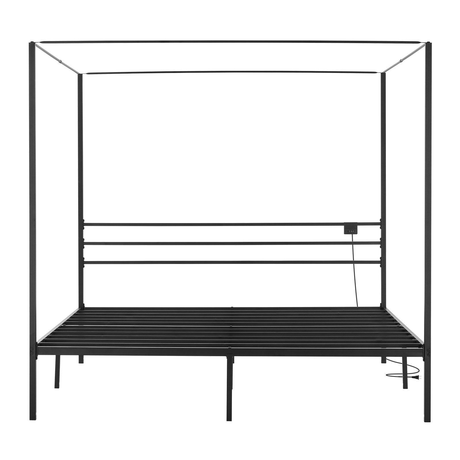 VEVOR King Size Canopy Bed Frame, Metal Canopy Bed with Charging Station and Four Posters Design, Heavy Duty Steel Slats Support, Underbed Storage Space, No Box Spring Needed, Easy Assembly, Black