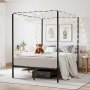 VEVOR Cadru de pat cu baldachin de dimensiuni mari, pat cu baldachin metalic cu design cu patru baldachini, suport pentru lamele din oțel rezistente, spațiu de depozitare sub pat, nu necesită somieră, asamblare ușoară, negru