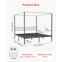 VEVOR King Size Canopy Bed Frame Metal Canopy Bed with Four Posters Black