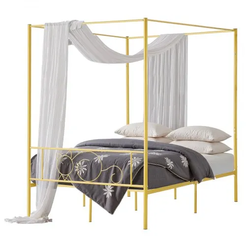 VEVOR Full Size Canopy Bed Frame, Metal Canopy Bed with Minimalist Headboard & Four Posters Design, Heavy Duty Steel Slats Support, Underbed Storage Space, No Box Spring Needed, Easy Assembly, Gold