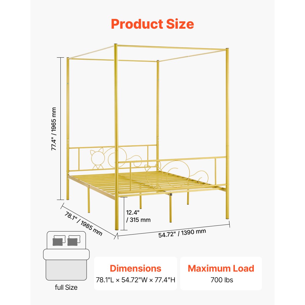VEVOR Full Size Canopy Bed Frame, Metal Canopy Bed with Minimalist Headboard & Four Posters Design, Heavy Duty Steel Slats Support, Underbed Storage Space, No Box Spring Needed, Easy Assembly, Gold