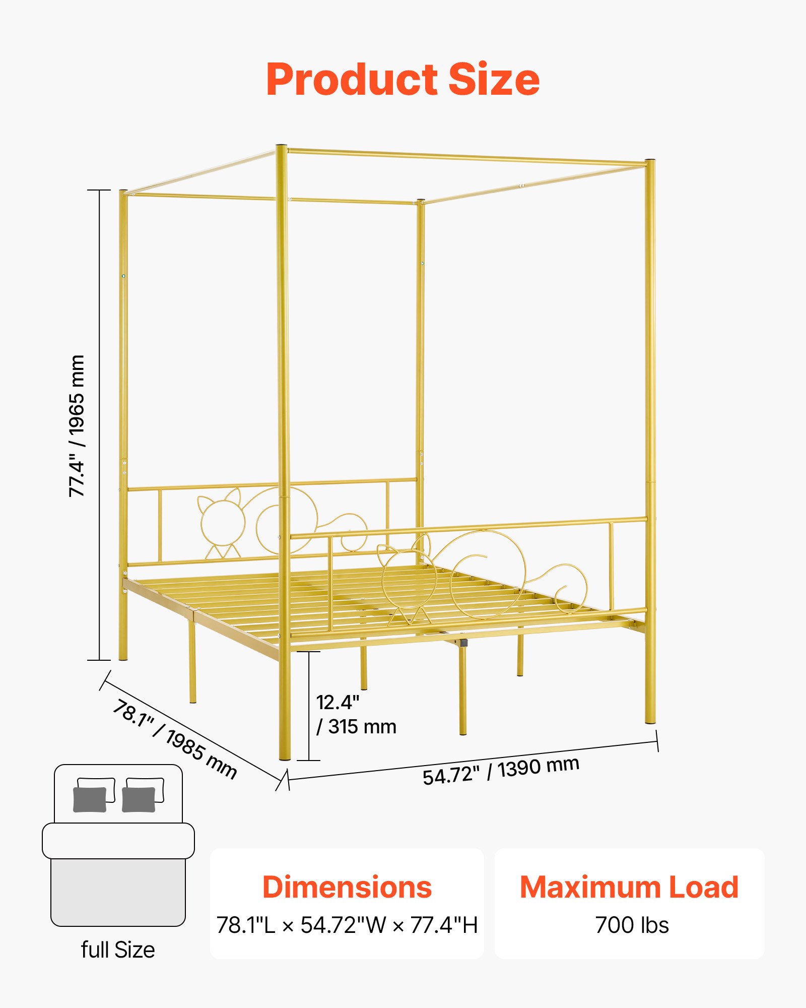 VEVOR Full Size Canopy Bed Frame, Metal Canopy Bed with Minimalist Headboard & Four Posters Design, Heavy Duty Steel Slats Support, Underbed Storage Space, No Box Spring Needed, Easy Assembly, Gold