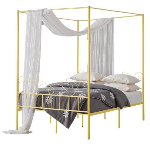 VEVOR Queen Size Canopy Bed Frame, Metal Canopy Bed with Minimalist Headboard & Four Posters Design, Heavy Duty Steel Slats Support, Underbed Storage Space, No Box Spring Needed, Easy Assembly, Gold