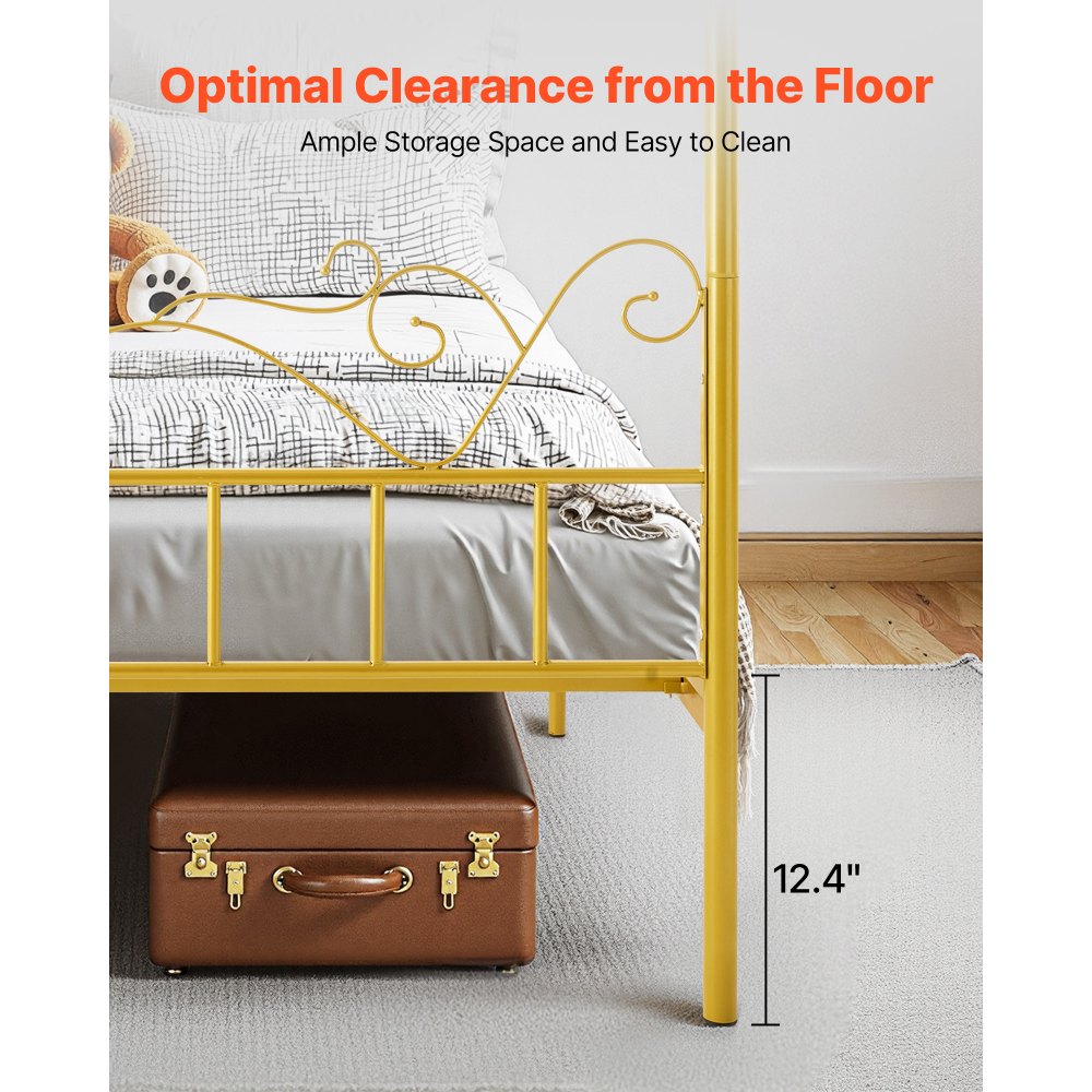 VEVOR Queen Size Canopy Bed Frame, Metal Canopy Bed with Minimalist Headboard & Four Posters Design, Heavy Duty Steel Slats Support, Underbed Storage Space, No Box Spring Needed, Easy Assembly, Gold