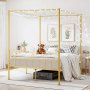 VEVOR Queen size himmelssängram, metallhimmelsäng med minimalistisk huvudgavel och himmelssängdesign, kraftiga stållameller, förvaringsutrymme under sängen, ingen boxmadrass behövs, enkel montering, guld