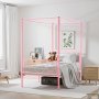 VEVOR himmelssängram för enkelsäng, himmelssäng i metall med minimalistisk huvudgavel och himmelssängdesign, kraftiga stållameller, förvaringsutrymme under sängen, ingen boxmadrass behövs, enkel montering, rosa