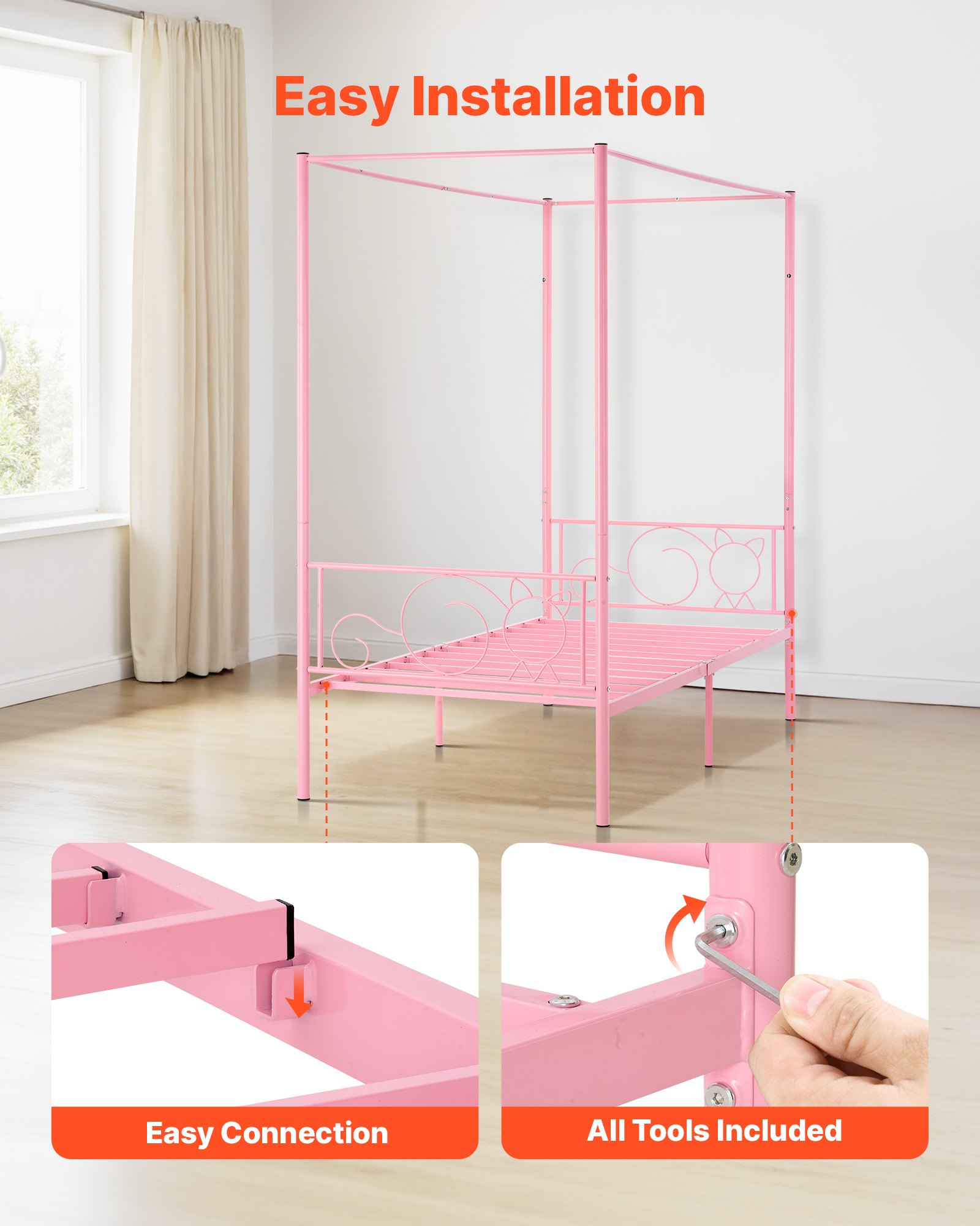 VEVOR Twin Size Canopy Bed Frame, Metal Canopy Bed with Minimalist Headboard & Four Posters Design, Heavy Duty Steel Slats Support, Underbed Storage Space, No Box Spring Needed, Easy Assembly, Pink