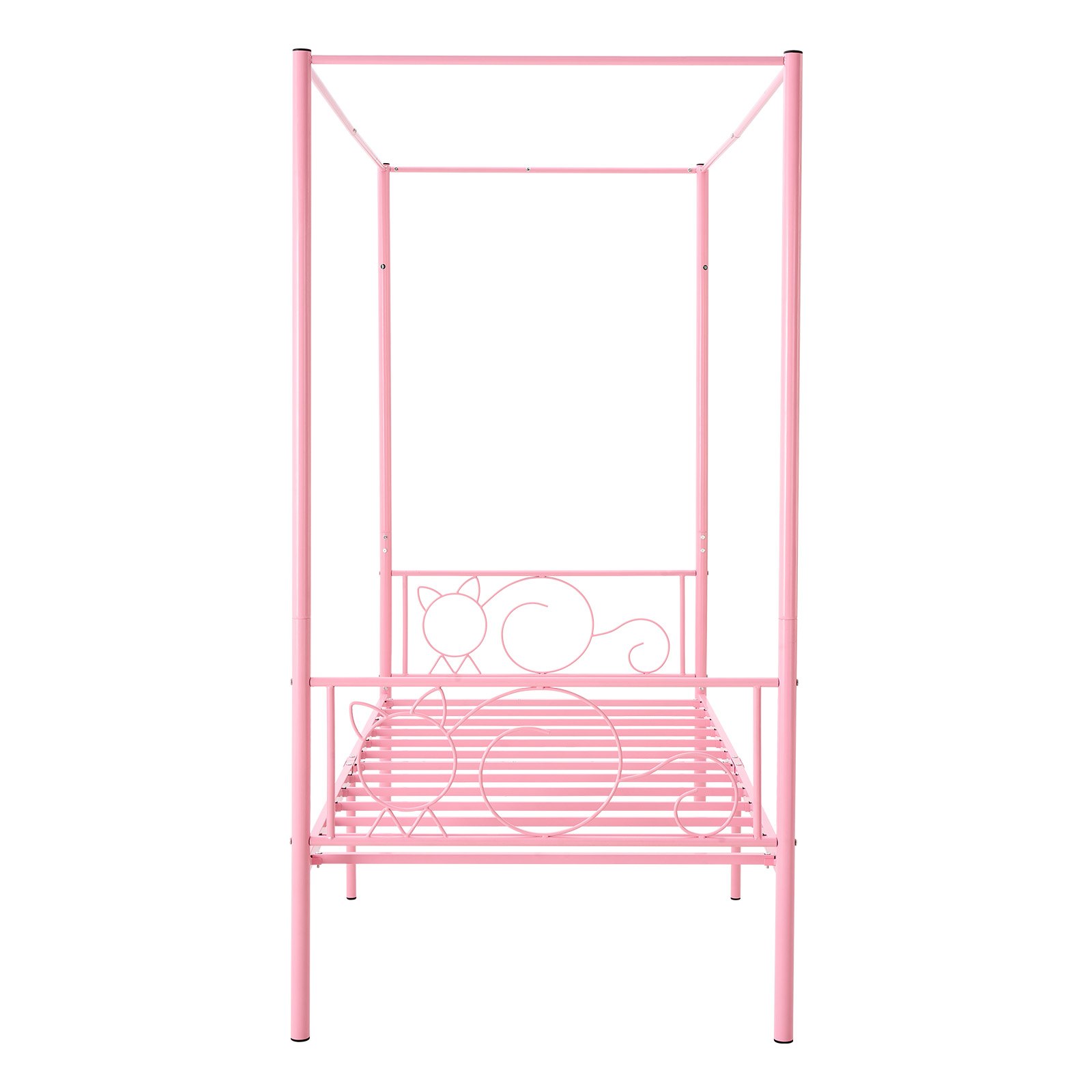 VEVOR Twin Size Canopy Bed Frame, Metal Canopy Bed with Minimalist Headboard & Four Posters Design, Heavy Duty Steel Slats Support, Underbed Storage Space, No Box Spring Needed, Easy Assembly, Pink