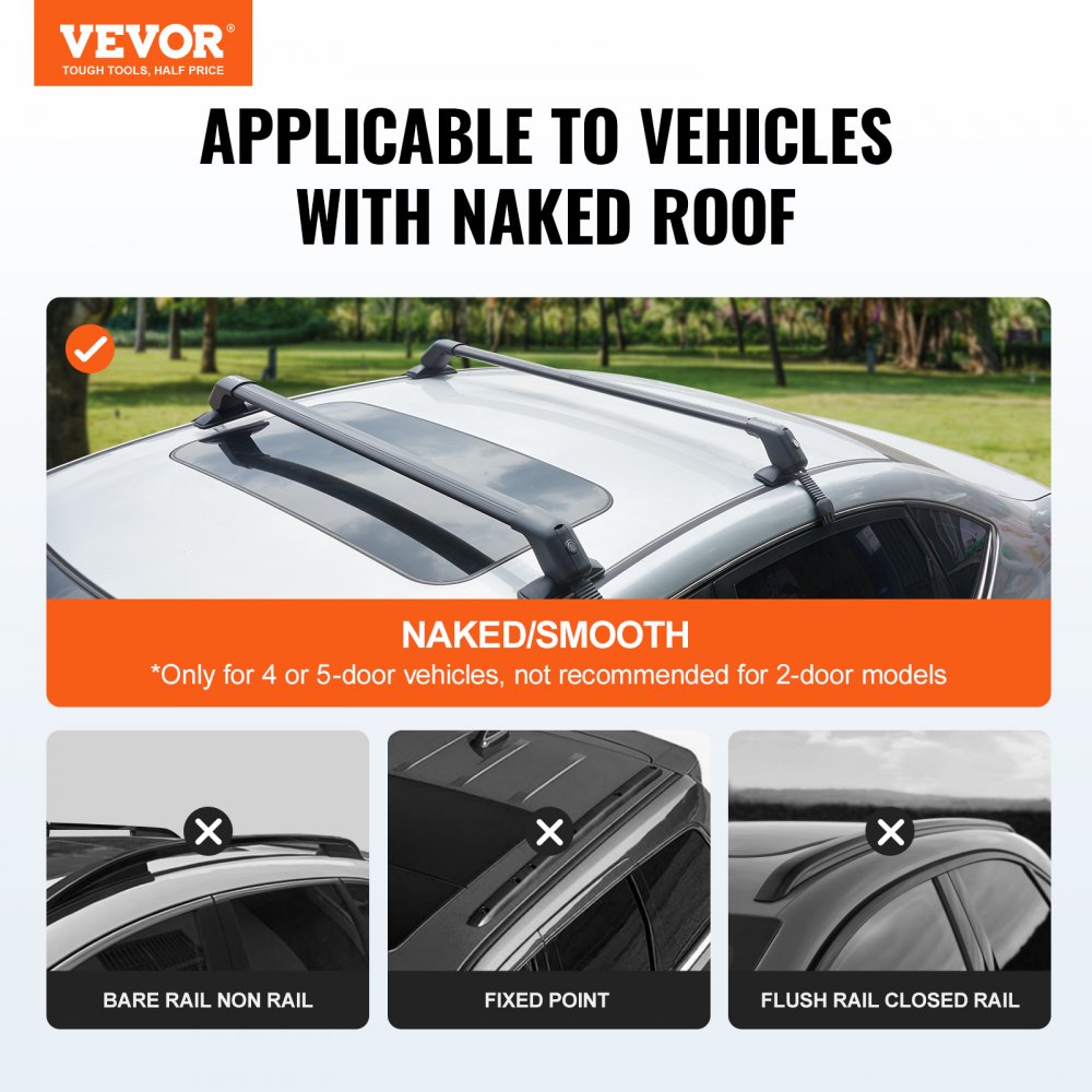 VEVOR Universal Roof Rack Cross Bars, Thickened Aluminum Roof Rack Crossbars, Fit Roof Without Side Rail, 70KG Load Capacity, Adjustable Bare Roof Crossbars with Locks, for SUVs, Sedans, and Vans
