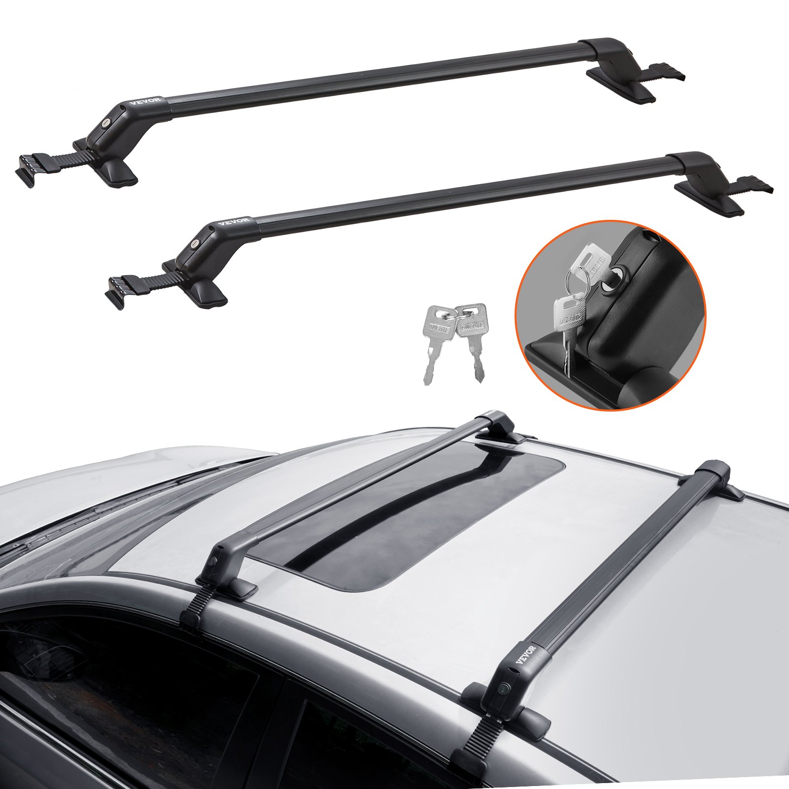 VEVOR Universal Roof Rack Cross Bars, Thickened Aluminum Roof Rack Crossbars, Fit Roof Without Side Rail, 70KG Load Capacity, Adjustable Bare Roof Crossbars with Locks, for SUVs, Sedans, and Vans