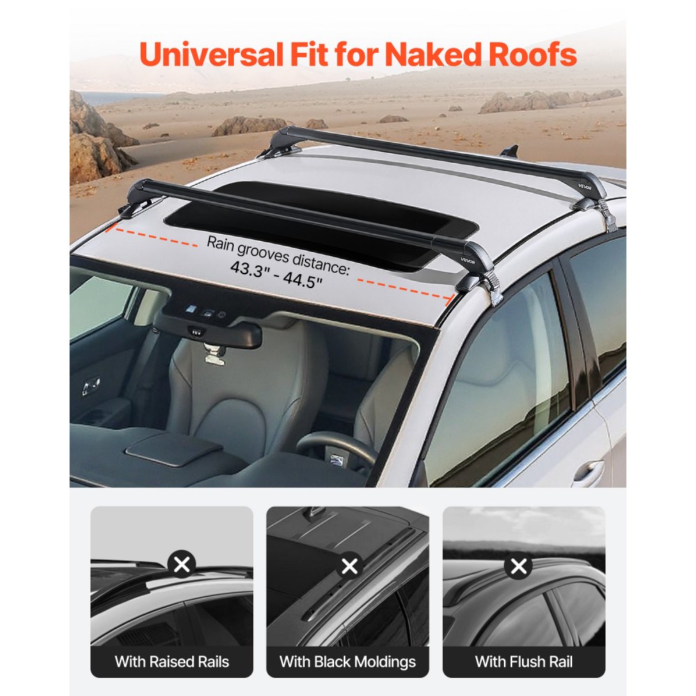 VEVOR Roof Rack Cross Bars, Universal Fit for Naked Roofs Without Raised Rails/Flush Rail/Black Moldings, 165 LBS Capacity, Lockable Heavy Duty Aluminum Crossbar Racks Roof Rail Rooftop Luggage Canoe