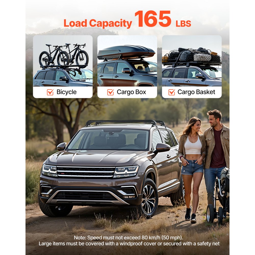 VEVOR Roof Rack Cross Bars, Universal Fit for Naked Roofs Without Raised Rails/Flush Rail/Black Moldings, 165 LBS Capacity, Lockable Heavy Duty Aluminum Crossbar Racks Roof Rail Rooftop Luggage Canoe