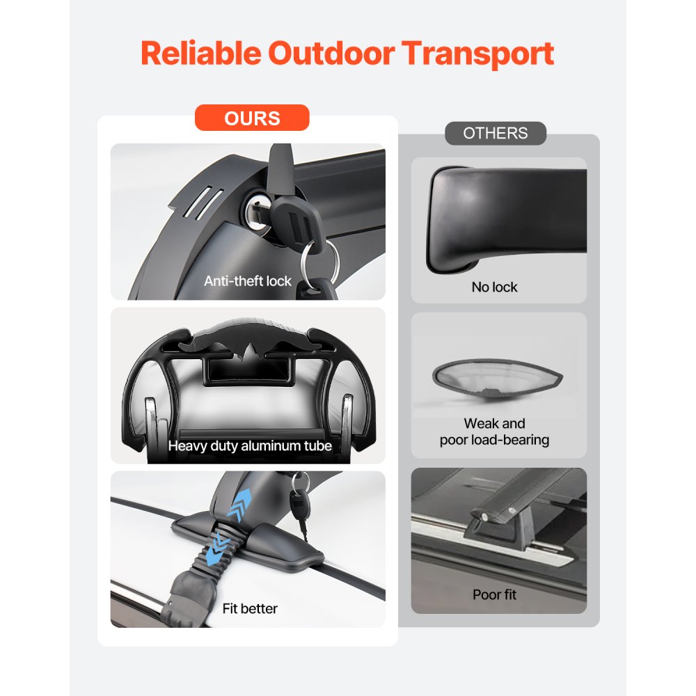 VEVOR Roof Rack Cross Bars, Universal Fit for Naked Roofs Without Raised Rails/Flush Rail/Black Moldings, 165 LBS Capacity, Lockable Heavy Duty Aluminum Crossbar Racks Roof Rail Rooftop Luggage Canoe