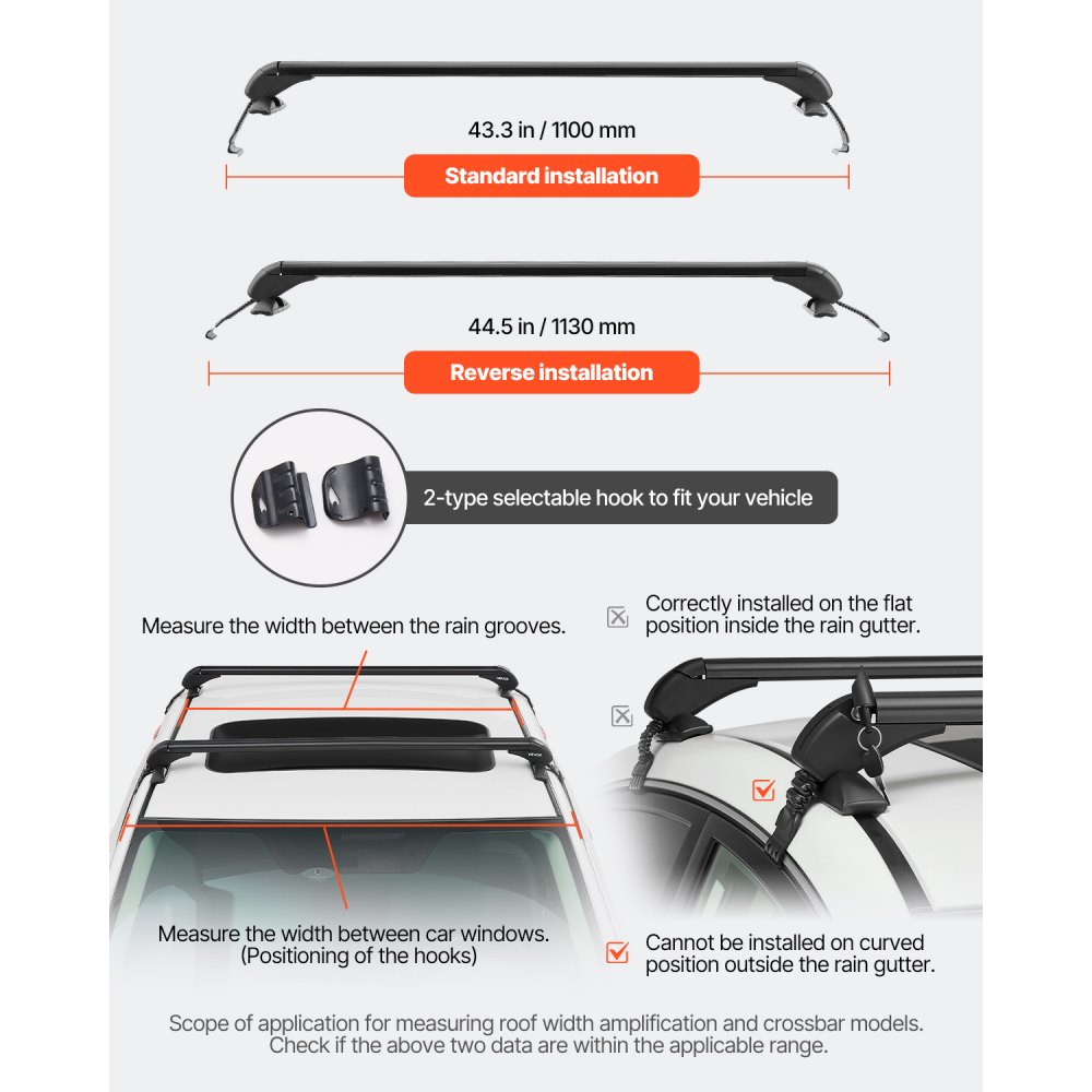 VEVOR Roof Rack Cross Bars, Universal Fit for Naked Roofs Without Raised Rails/Flush Rail/Black Moldings, 165 LBS Capacity, Lockable Heavy Duty Aluminum Crossbar Racks Roof Rail Rooftop Luggage Canoe
