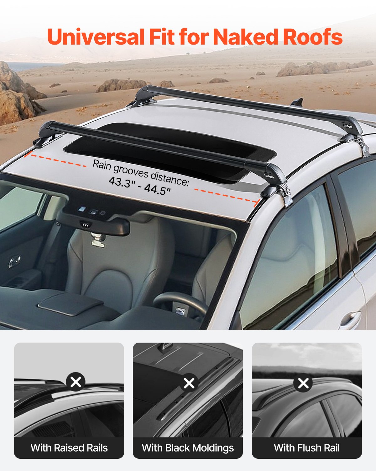 VEVOR Roof Rack Cross Bars, Universal Fit for Naked Roofs Without Raised Rails/Flush Rail/Black Moldings, 165 LBS Capacity, Lockable Heavy Duty Aluminum Crossbar Racks Roof Rail Rooftop Luggage Canoe