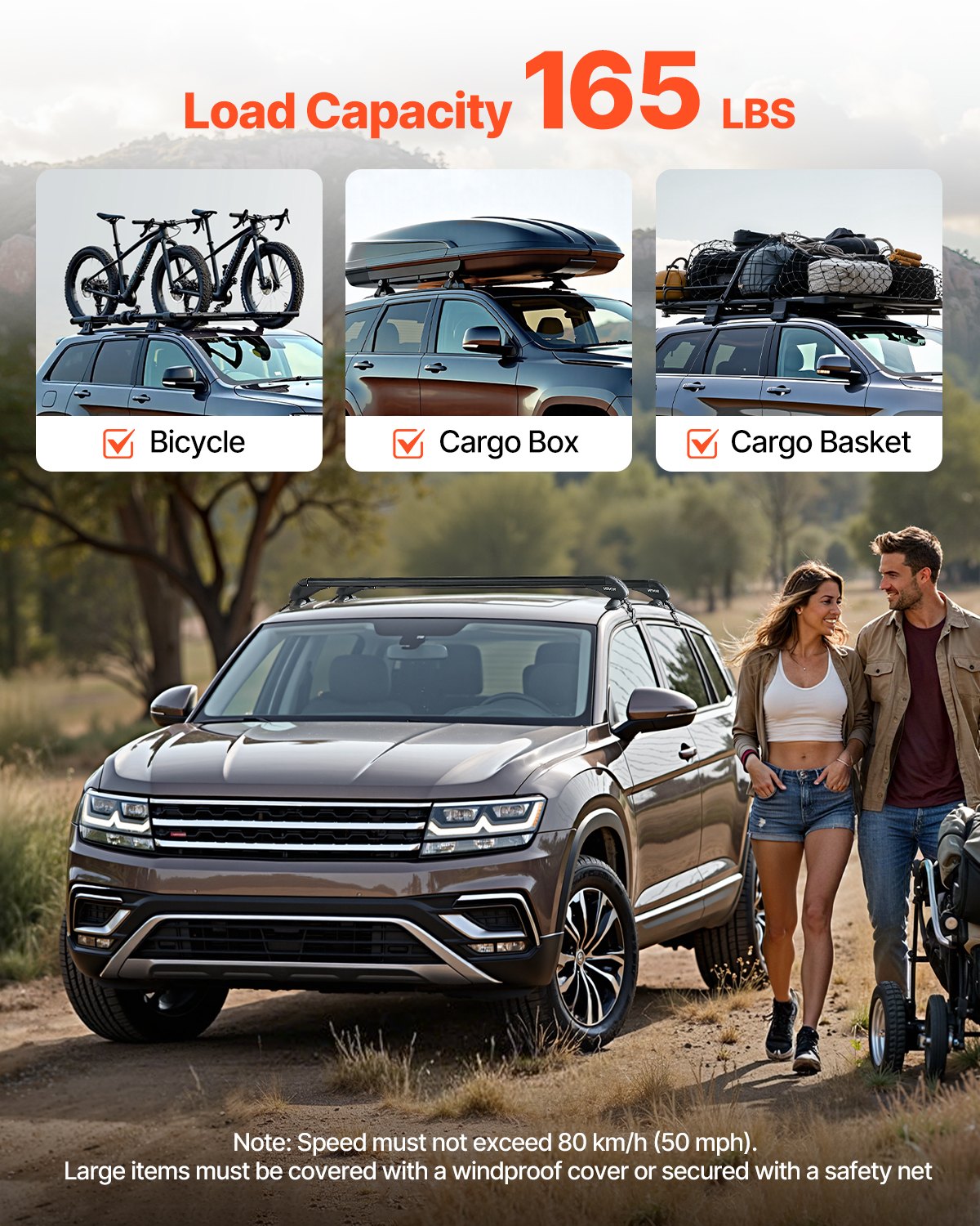 VEVOR Roof Rack Cross Bars, Universal Fit for Naked Roofs Without Raised Rails/Flush Rail/Black Moldings, 165 LBS Capacity, Lockable Heavy Duty Aluminum Crossbar Racks Roof Rail Rooftop Luggage Canoe