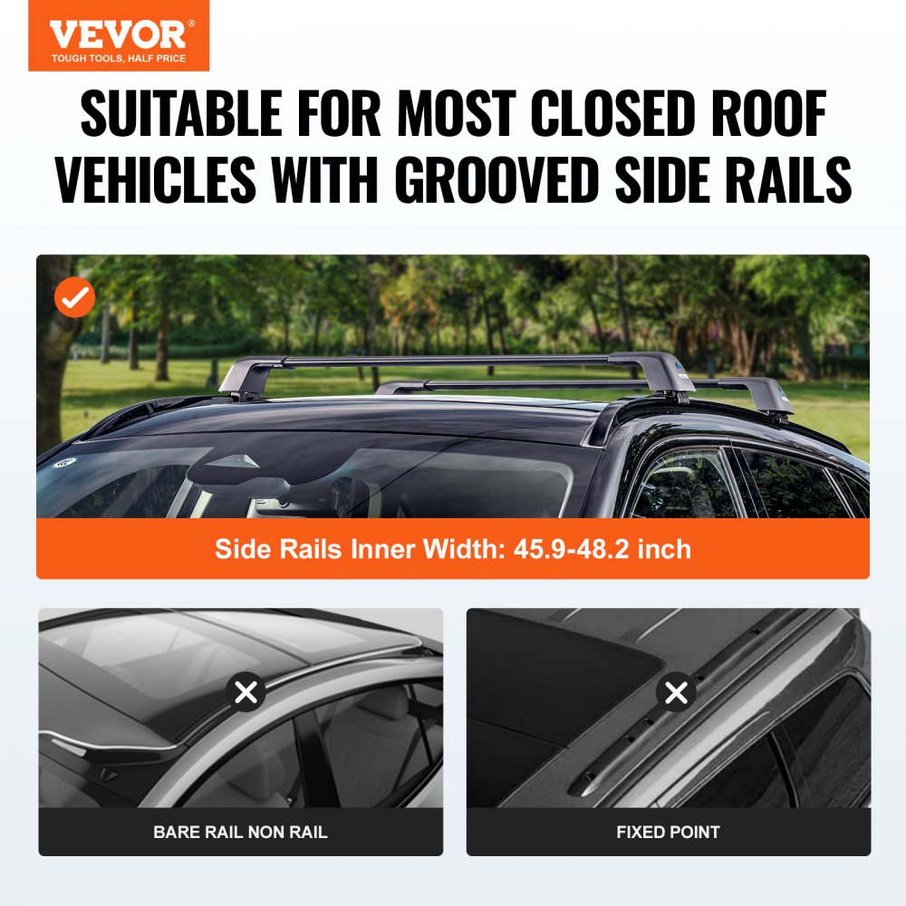 VEVOR Universal Roof Rack Cross Bars, Aluminum Roof Rack Crossbars, Fit Grooved Side Rail without Gap, 90KG Load Capacity, Adjustable Crossbars with Locks for SUV, Sedan, Van